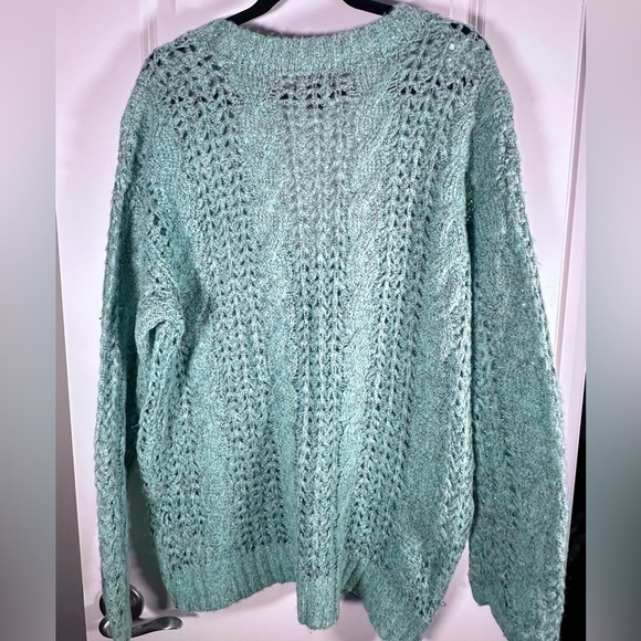A76 Forever 21+ Open Knit Pullover Sweater Sz 2X Aqua Blue V-Neck Cozy Soft - Picture 4 of 6